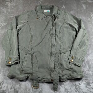 Anthropologie Utility Jacket Womens 2XL Green Full Zip Belted Military Cotton